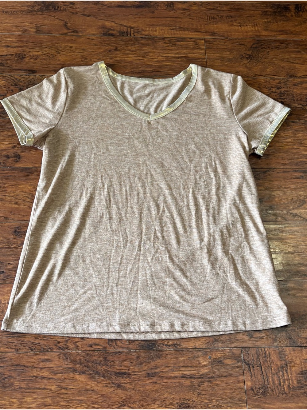 SHEIN Taupe V-Neck Short Sleeve Tee with Yellow Trim